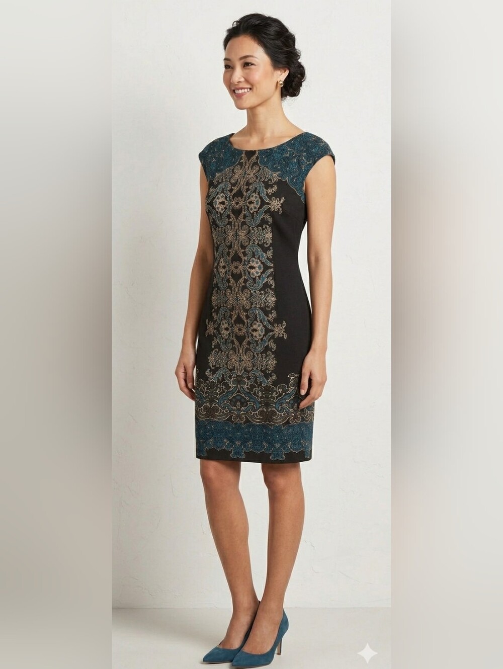 Maggy London Black Dress with Teal and Gold Embroidery